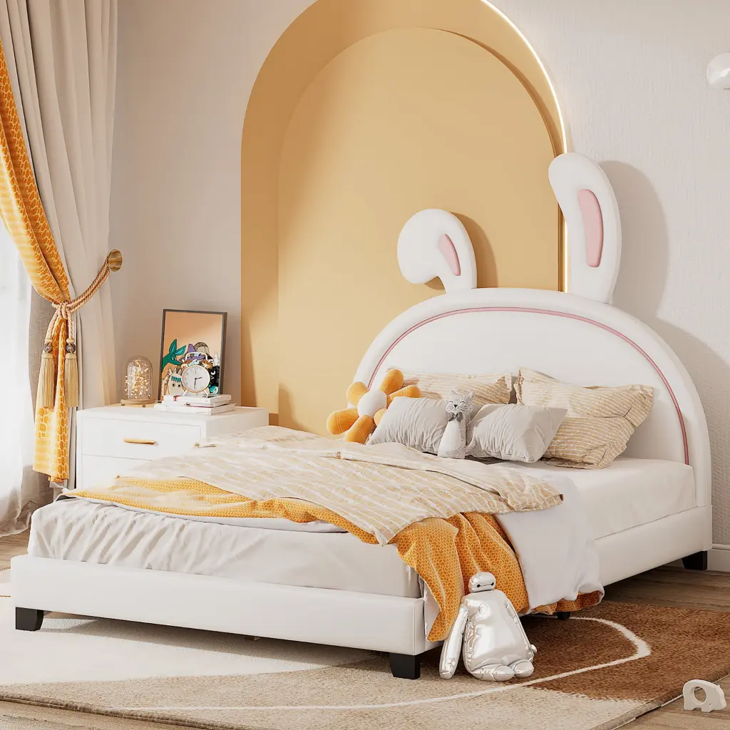 Full Dimensions Upholstered Leather Platform Bed Rabbit Ornament White lucky furniture