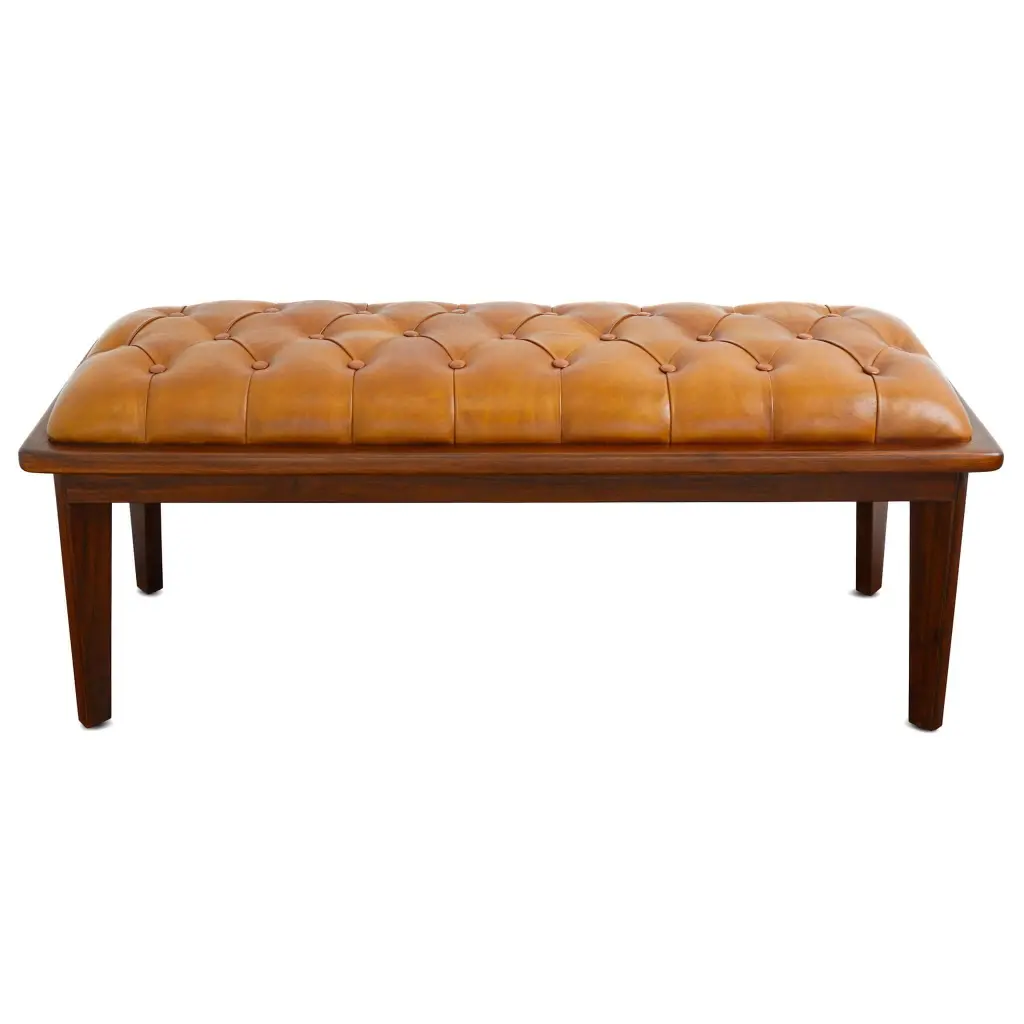 Arden Tan Hide Bench Buttons Brown Rustic Timber Brown Genuine Leather ashcroft furniture