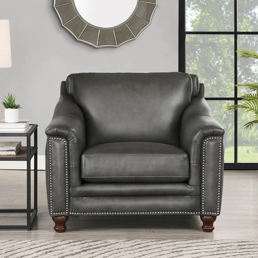 Belfast Top Grain Leather Chair Gun Ash Primary Living Space Mid Century Style hydeline furniture