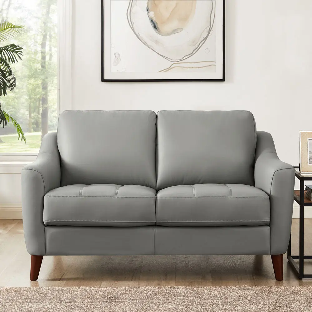 Ersa Hide Loveseat Shiny Metal Grey Memory Foam Authentic Leather Sofa hydeline furniture