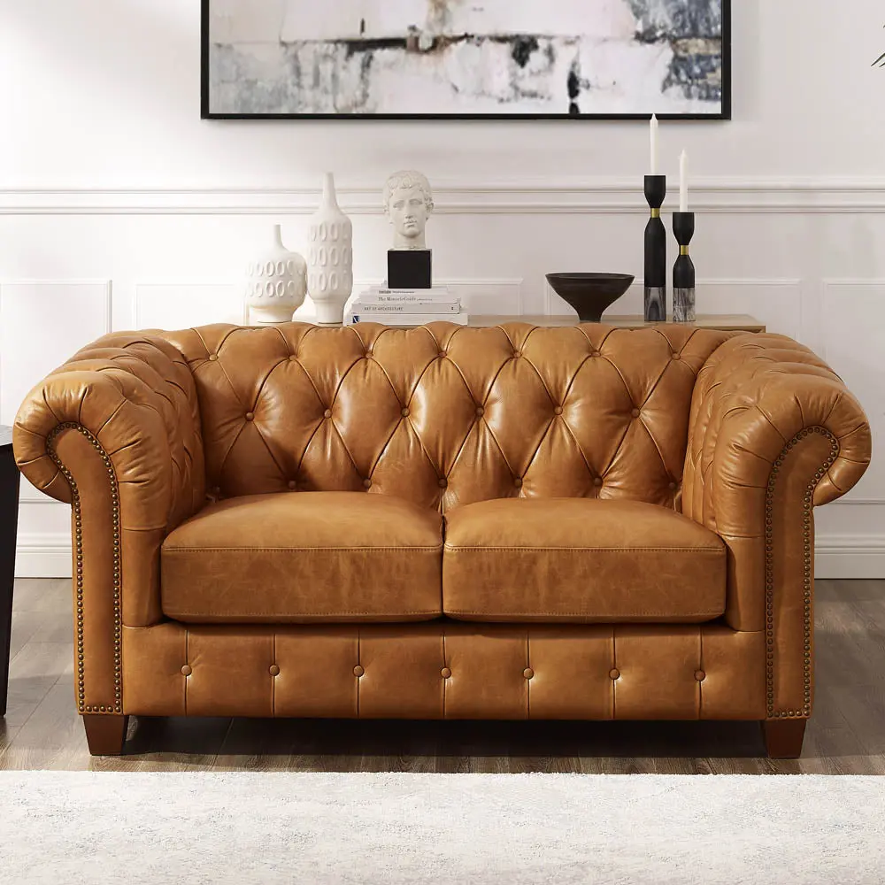 Kingston Waxy Pull Up Hide Loveseat Brown Down Filling Authentic Leather Sofa hydeline furniture