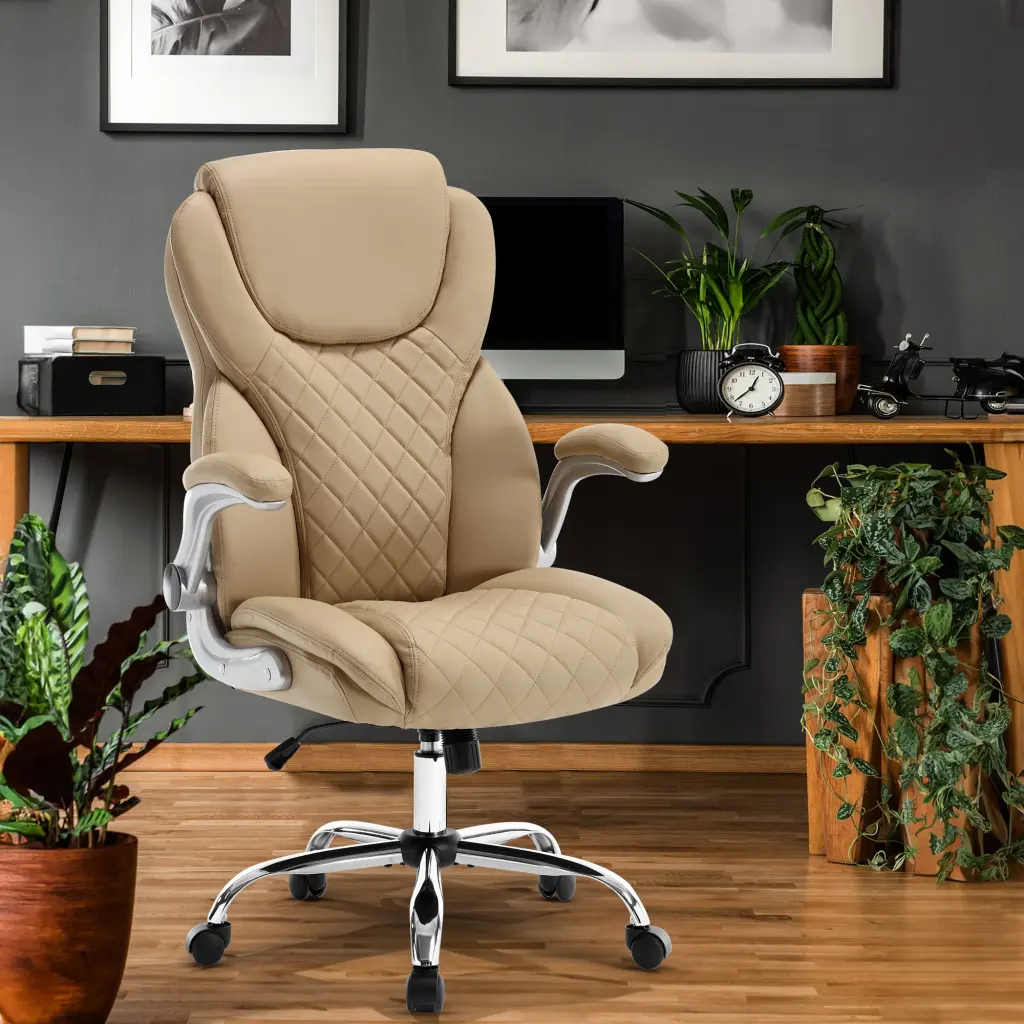 Comfort Fit Office Chair Flip Up Armrests And Wheels Leather Rocking t2586