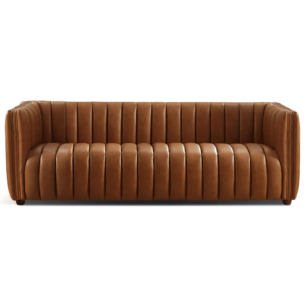 April Mid Century Modern Premium Tight Back Tan Leather Couch Brown ashcroft furniture