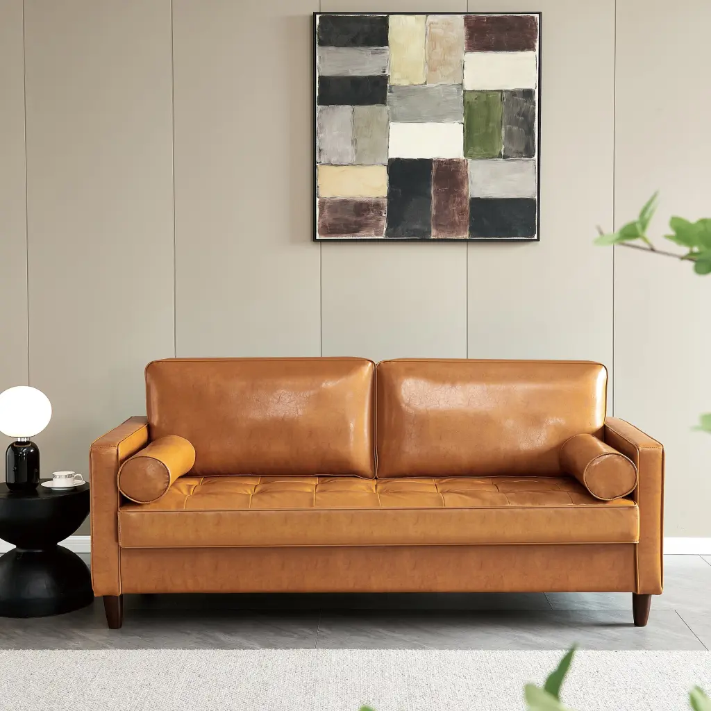 Modern Mid Century Vegan Leather Sofa Mocha Yellow Brown hdf store
