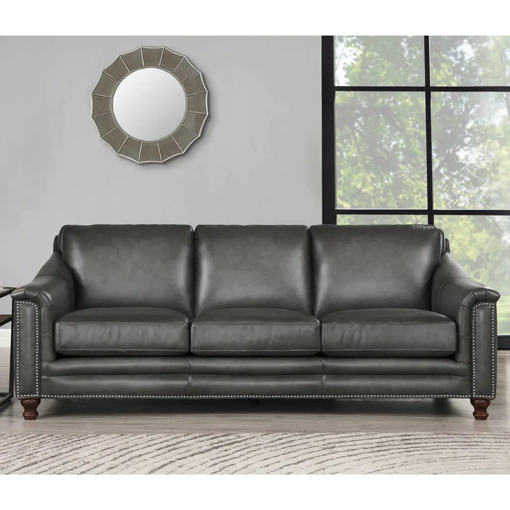 Belfast Top Grain Leather Sofa Couch Gun Ash Authentic Leather Wood Frame hydeline furniture
