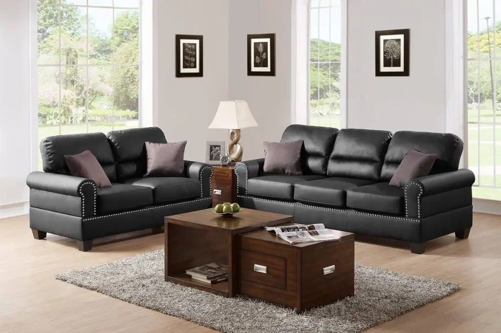 Black Bonded Leather 2Pc Sofa Set Sofa And Loveseat Living Room kanepe