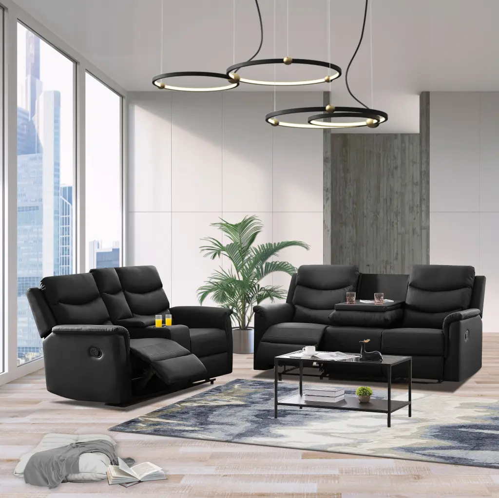 Motion Sofa 3 2 Black PU 5 Seat Modern Living Room Sofa relax lounge