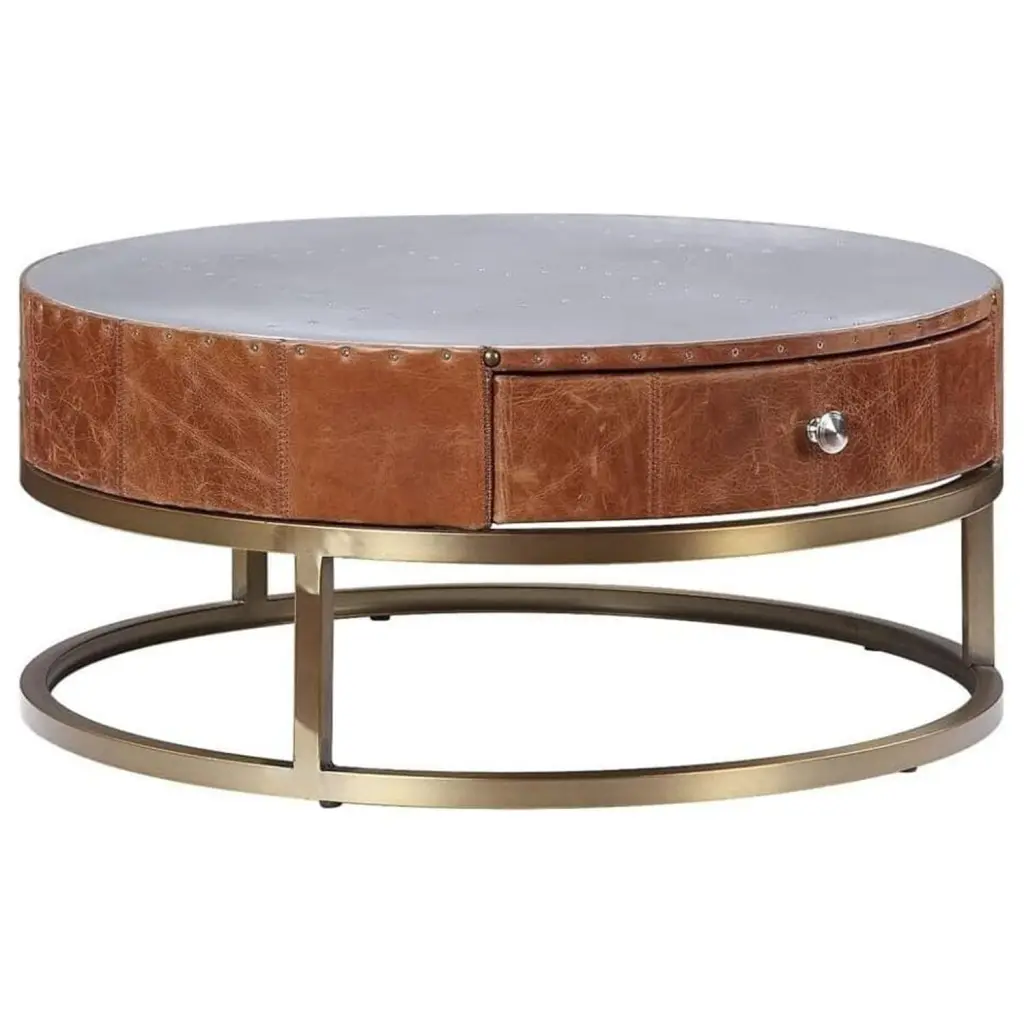 HomeStock Tuscan Temptations Small Coffee Table Aluminum Cocoa Top Grain Leather