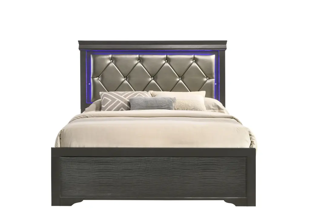 Modern Brooklyn Queen Size LED Bed Gray Box Spring and Wood Frame galaxy home furnishings