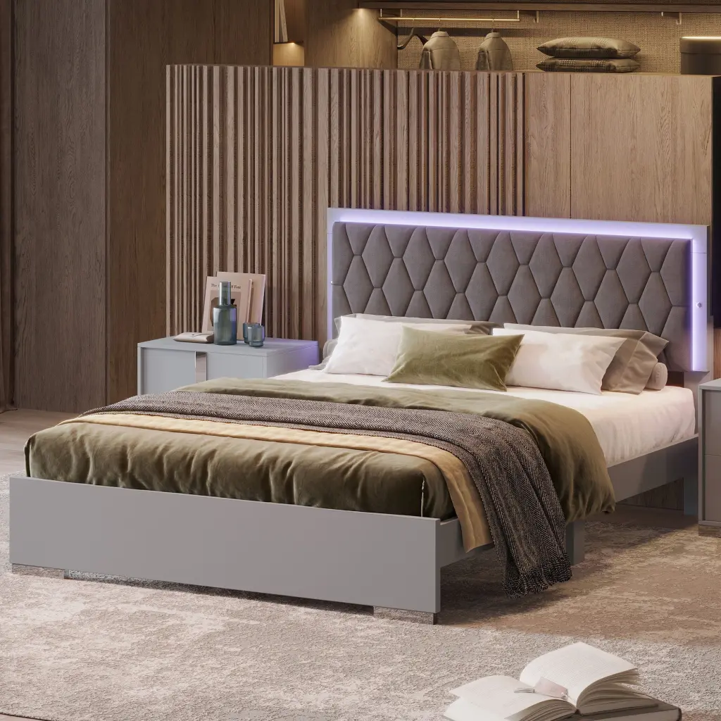 Queen Dimensions Upholstered Platform Bed LED Lights Modern Velvet Fabric Low Profile Storage Bed Frame homey life