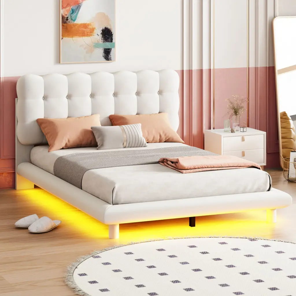 Full Dimensions Velvet Platform Bed Led Frame Thick Soft Material lucky world