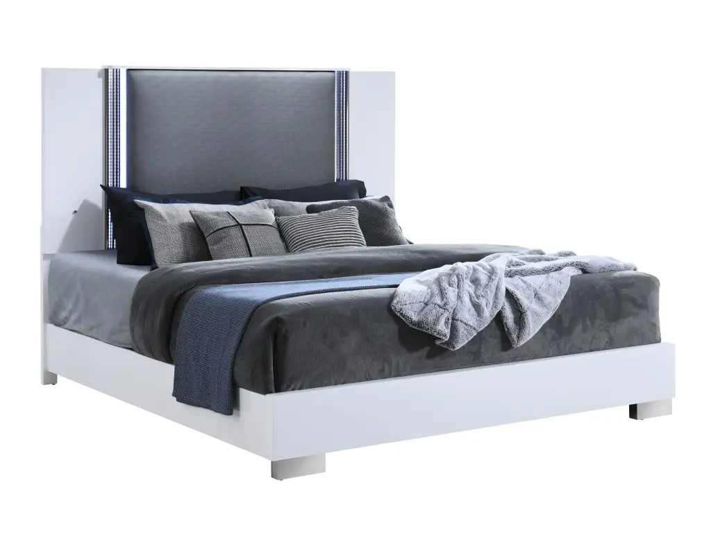 Smooth White King Bed LED Lighting Moon Design Solid Wood MDF luxe modern furniture