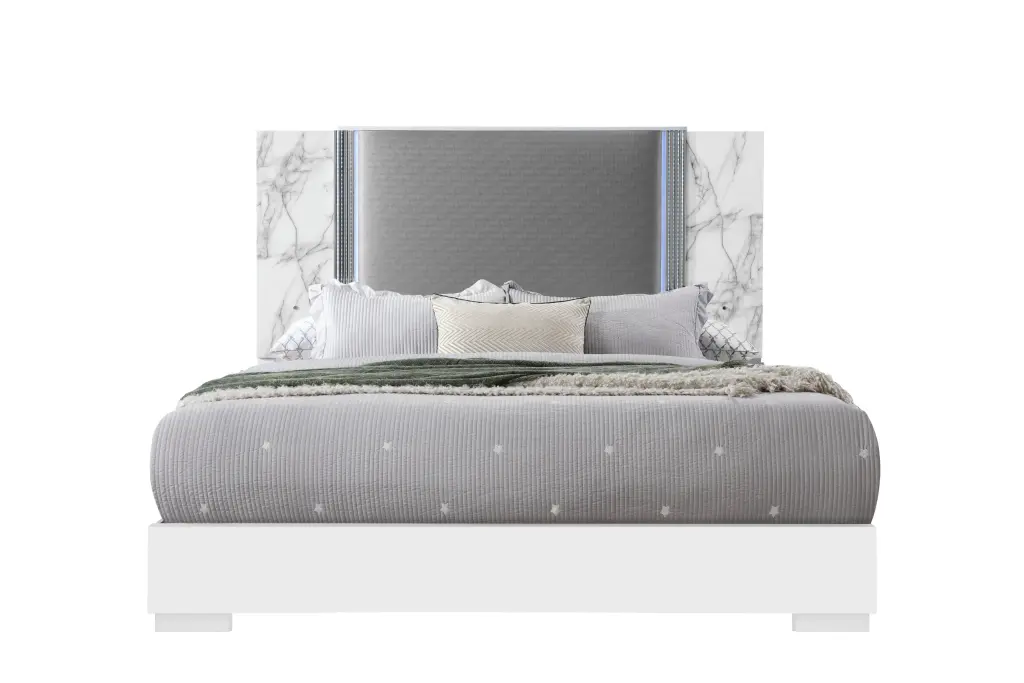 White Marble King Bed LED Lighting Moon Design Solid Wood MDF luxe modern furniture