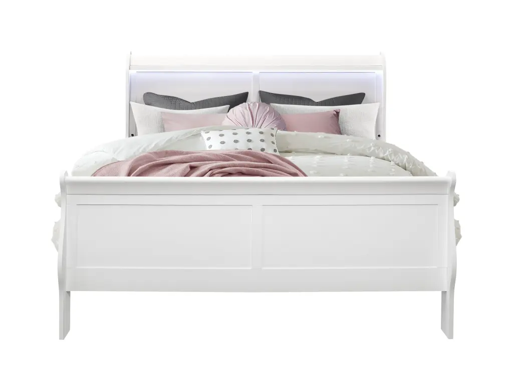 White Queen Bed LED Lighting Charlston Design Solid Wood MDF luxe modern furniture