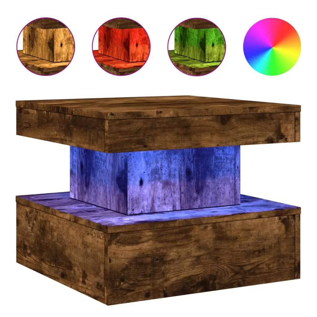 Coffee Table LED Lights Smoked Oak 19.7x19.7x15.7 Inches Modern Furniture