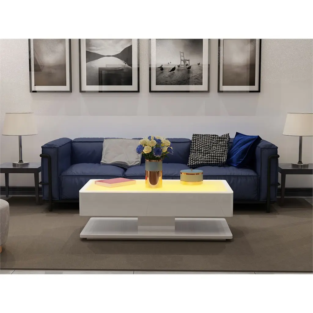 Pemberly Row Coffee Table LED Lights White Wood