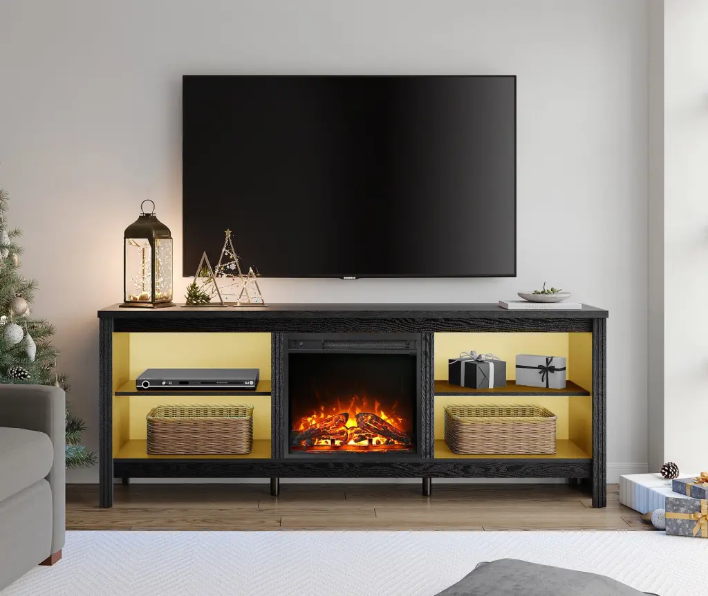 Fireplace TV Stand 75 Inch TV - LED Black Wood Entertainment Center 4 Storage Living Room Bedroom - 70 Inch FITUEYES