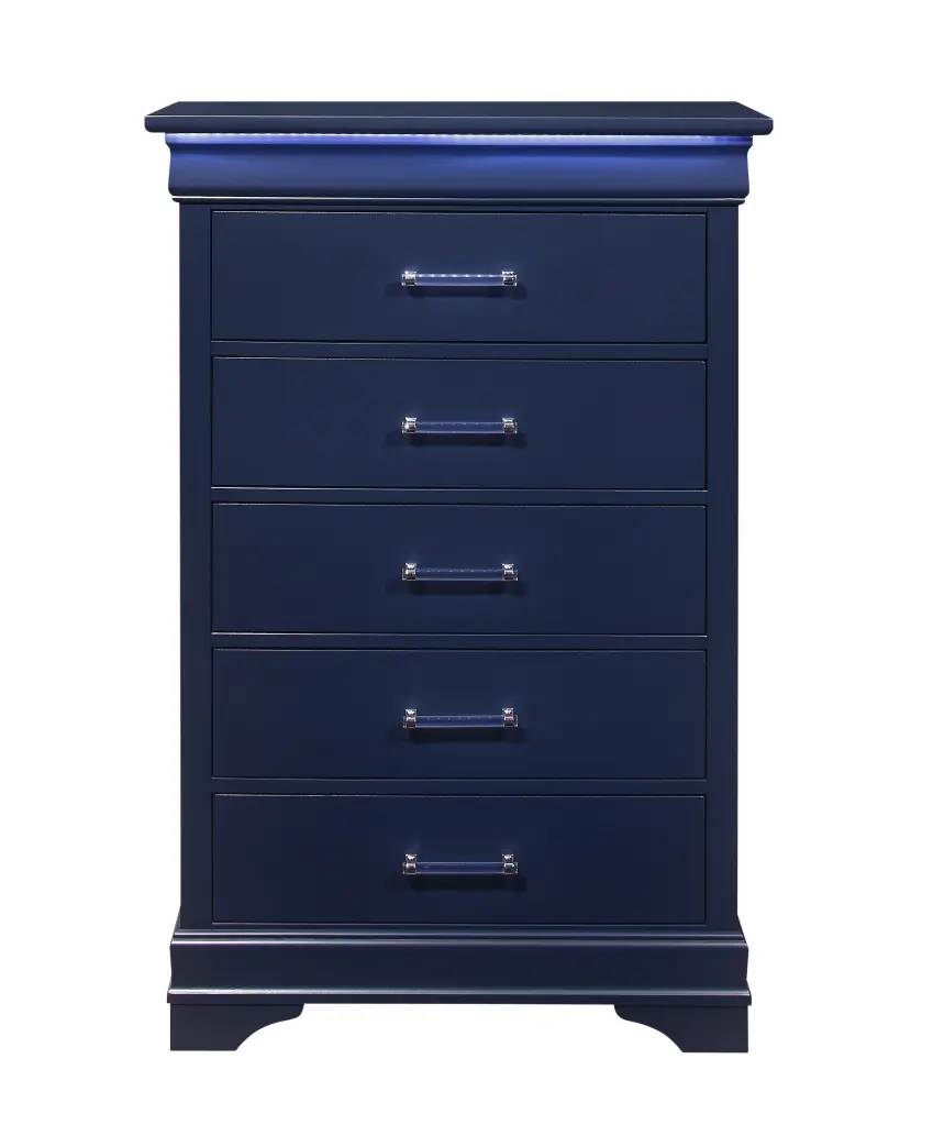 Charlston Blue Chest LED Lighting, Solid Wood and MDF Modern Storage Solution luxe modern furniture