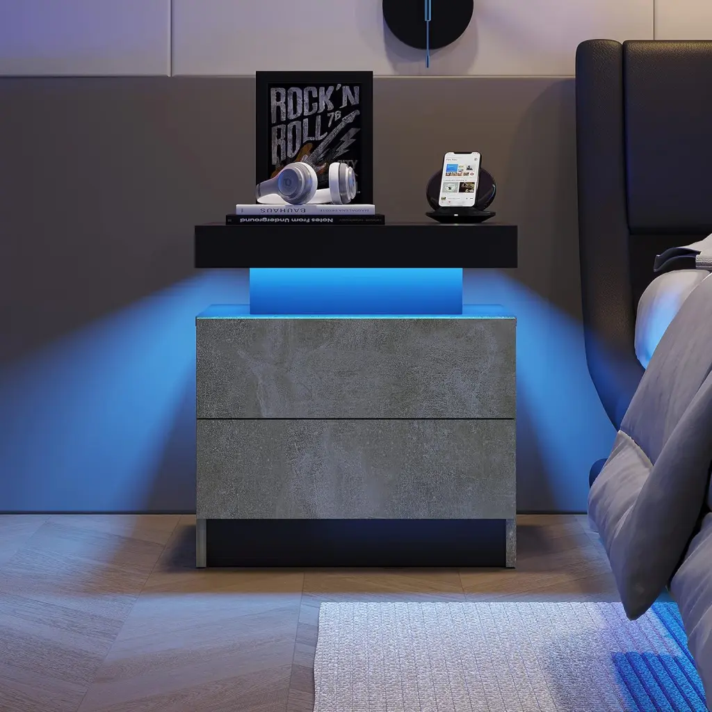 Modern LED Nightstand Bedside Table 2 Drawers and Cabinet Lights cubehom