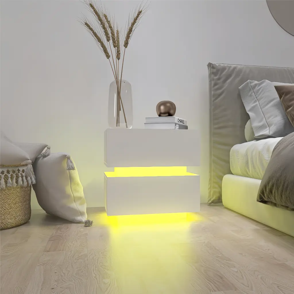 White High Gloss 2 Drawer Bedside Table RGB LED Lighting rd wood store