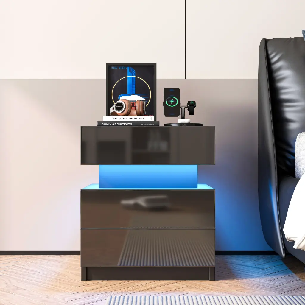 LED Nightstand Modern Black Nightstand Wood LED Bedside Table zr furniture