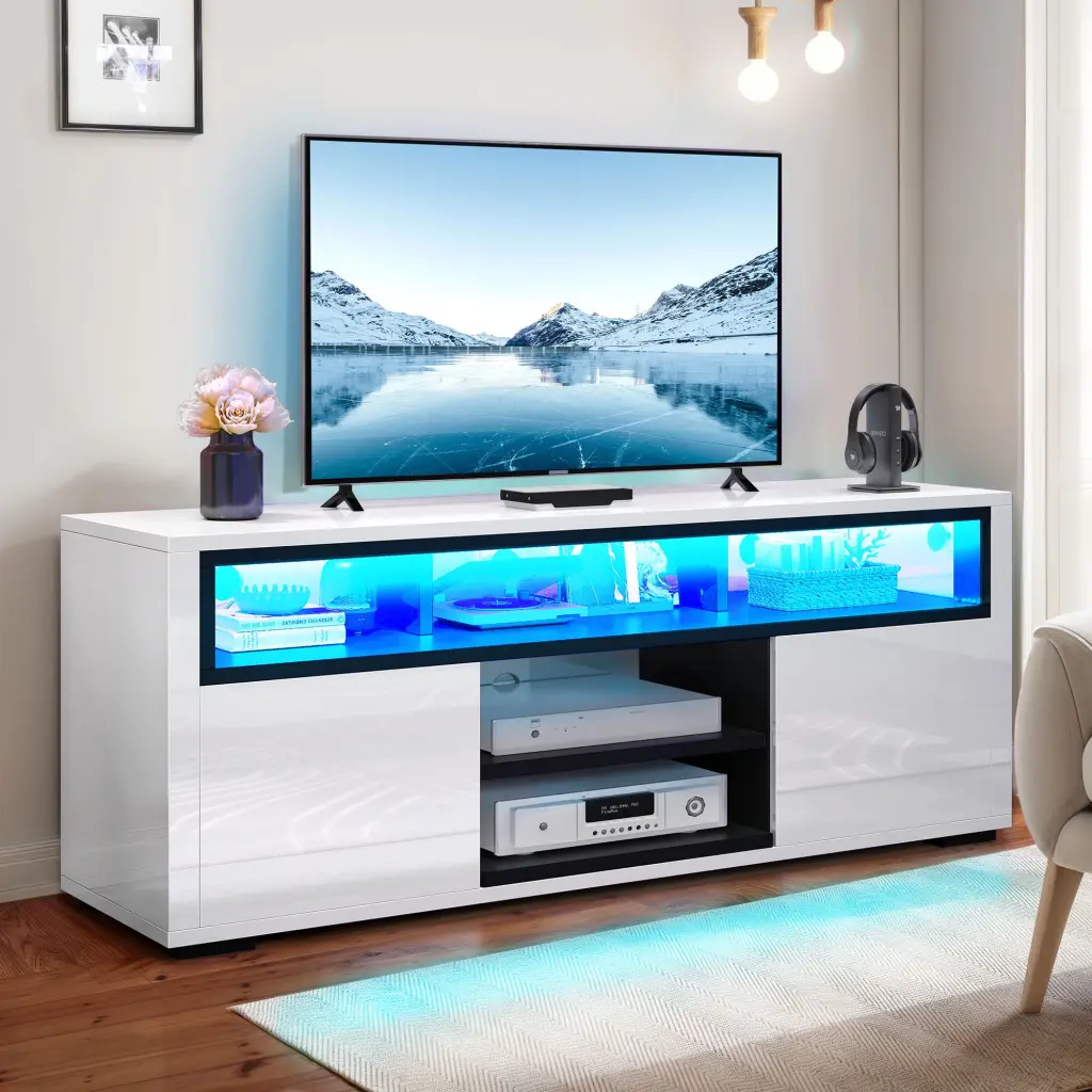 Dextrus High Gloss TV Stand LED Lights Modern Media Console Table Storage Cabinet 70 inch TV White