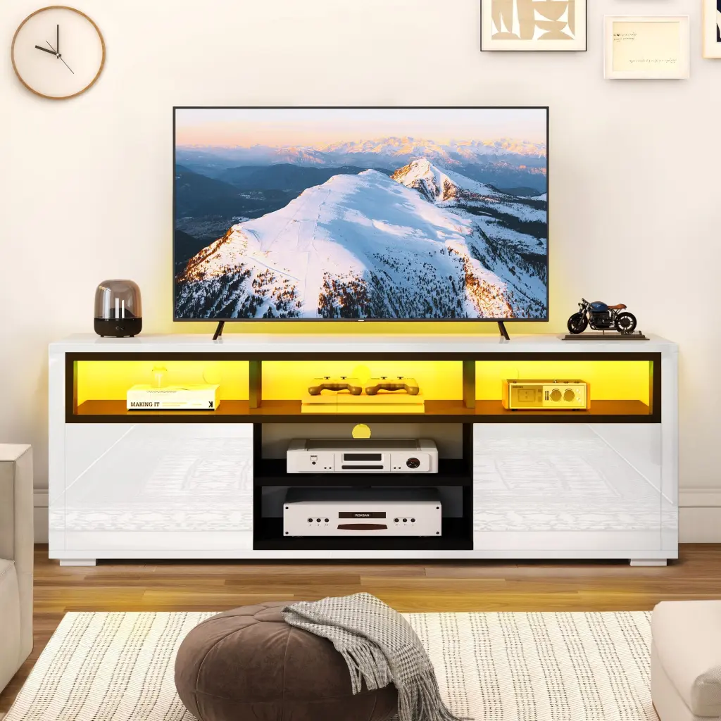 High Gloss TV Stand LED Lights Modern Media Console Table 70 Inch TV White Entertainment Center DWVO