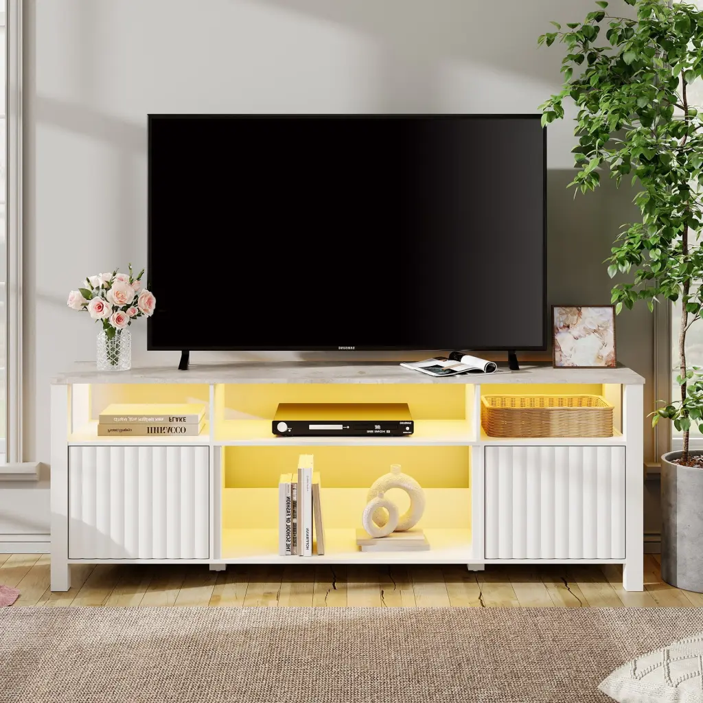 LED TV Stand 75 inch Modern TV Console Media Cabinet 80/70/65 inch TVs White Entertainment Center FITUEYES
