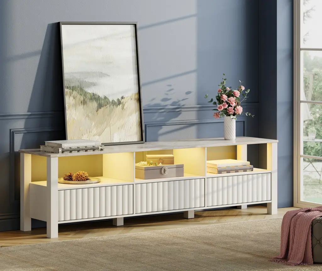 LED TV Stand 75 Inch TV Wood Media Console Entertainment Center 6 Storage Shelves White FITUEYES