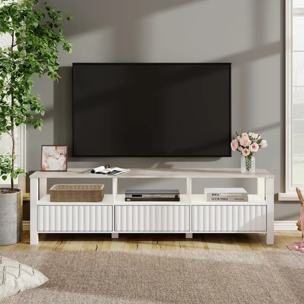 TV Stand 75 Inch TV LED Lights Media Console Entertainment Center 6 Open Shelves White FITUEYES