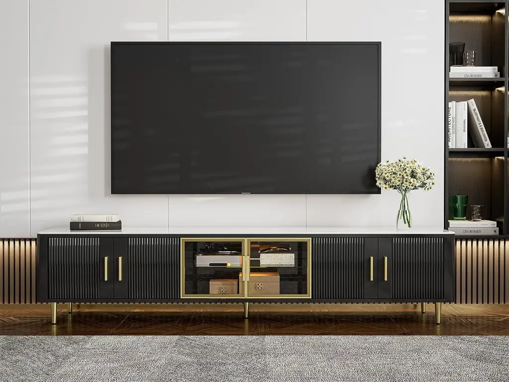 IKIFLY Modern Black TV Stand 85+ Inch TVs - LED Slate Entertainment Center Glass Cabinets