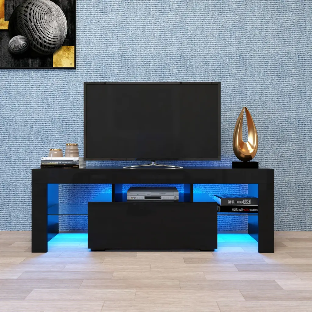 Black TV Stand LED RGB Lights Flat Screen TV Cabinet Gaming Console joysource furniture