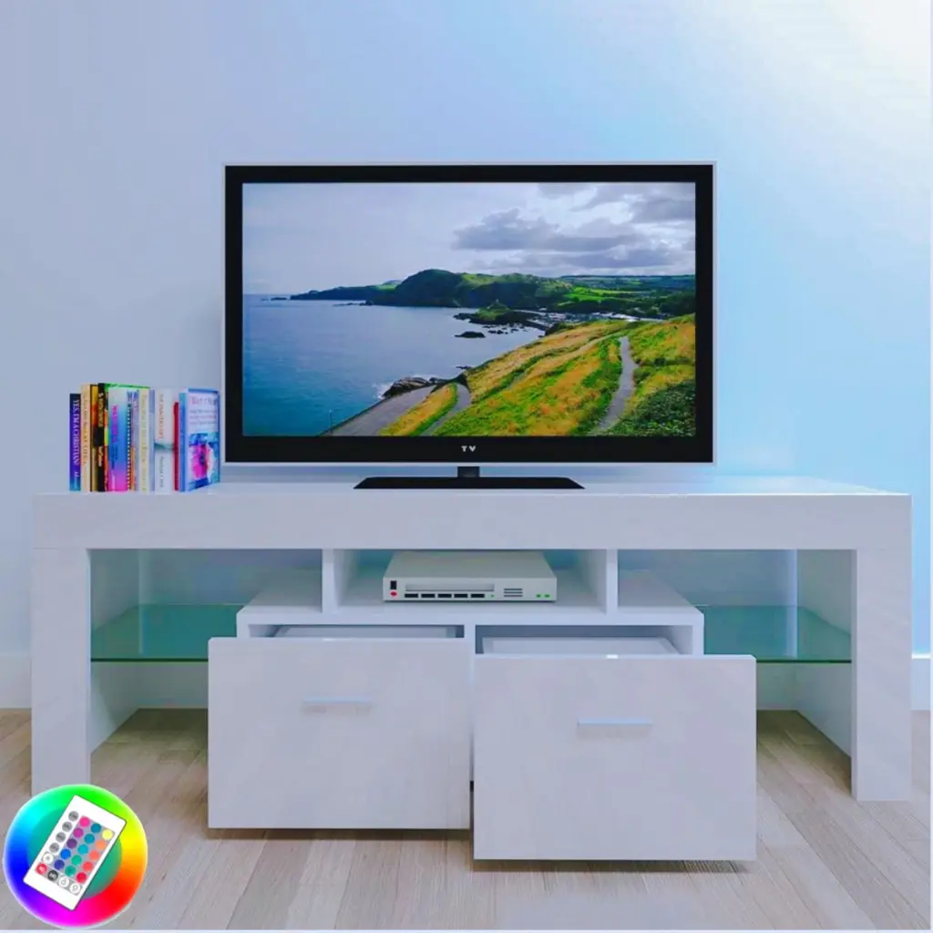 Ktaxon Modern TV Stand up to 60 Inch TVs Media Console Cabinet LED Shelves and 2 Drawers High Gloss White