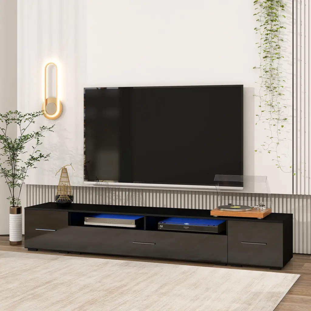 MISSUNNY Extended Minimalist TV Stand Color Changing LED Lights 90+ Inch TVs - High Gloss Black Entertainment Center