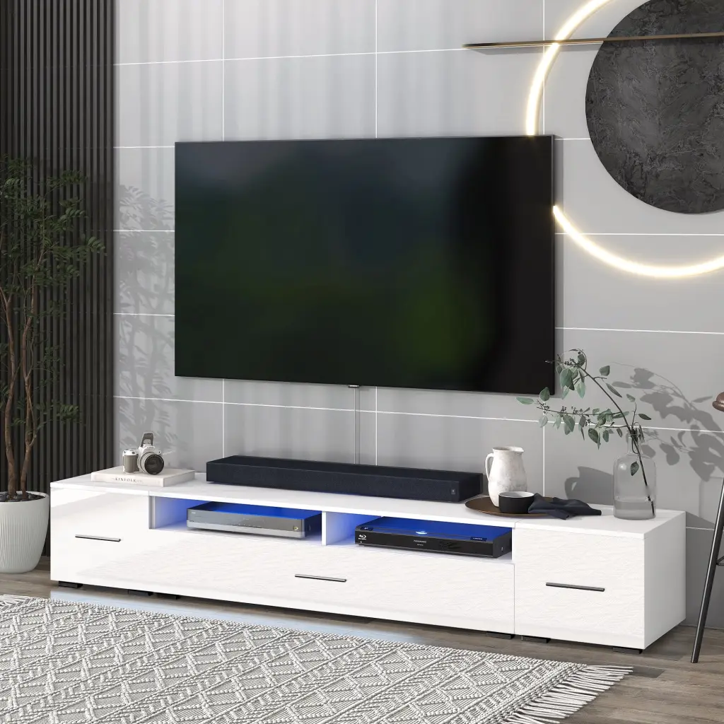 MISSUNNY Extended Minimalist TV Stand Color Changing LED Lights 90+ Inch TVs - High Gloss White Entertainment Center