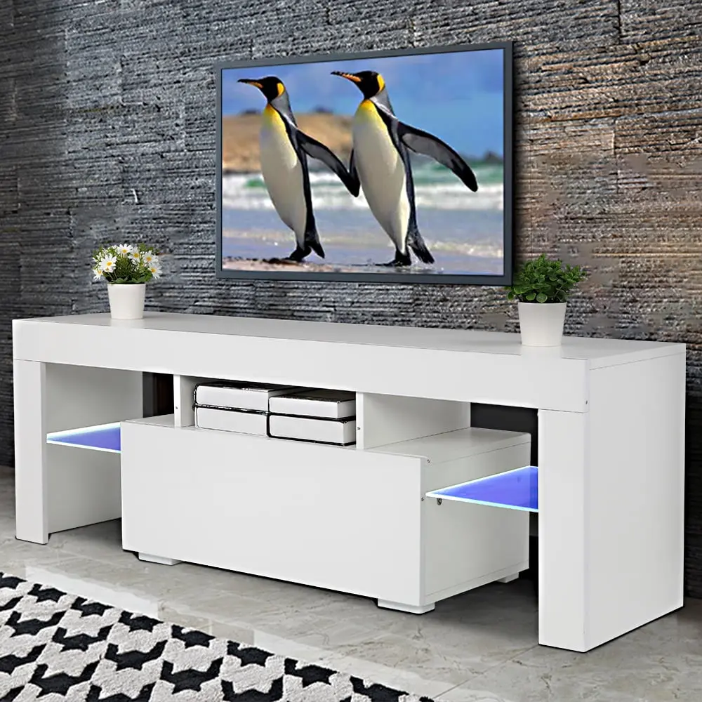 White TV Stand LED Light 55 60 Inch TV Modern Media Console Living Room VINGLI