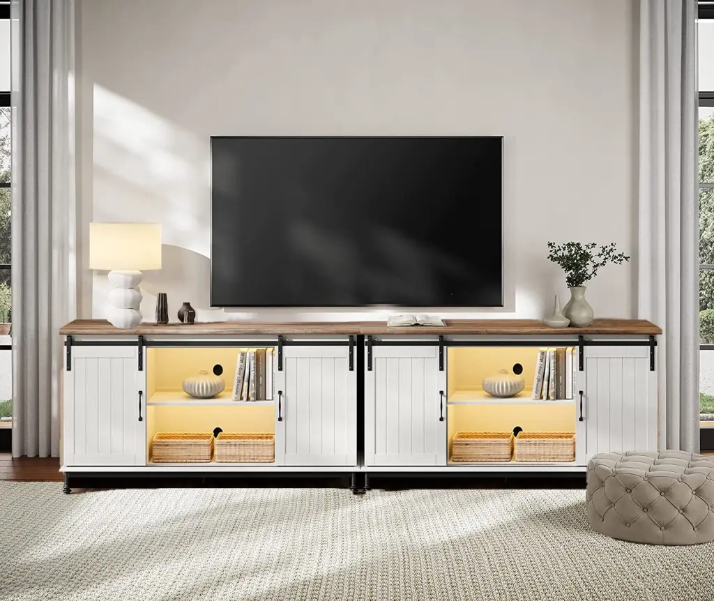 WAMPAT LED TV Stand TVs up to 85 Inch - White Entertainment Center Farmhouse Storage Living Room