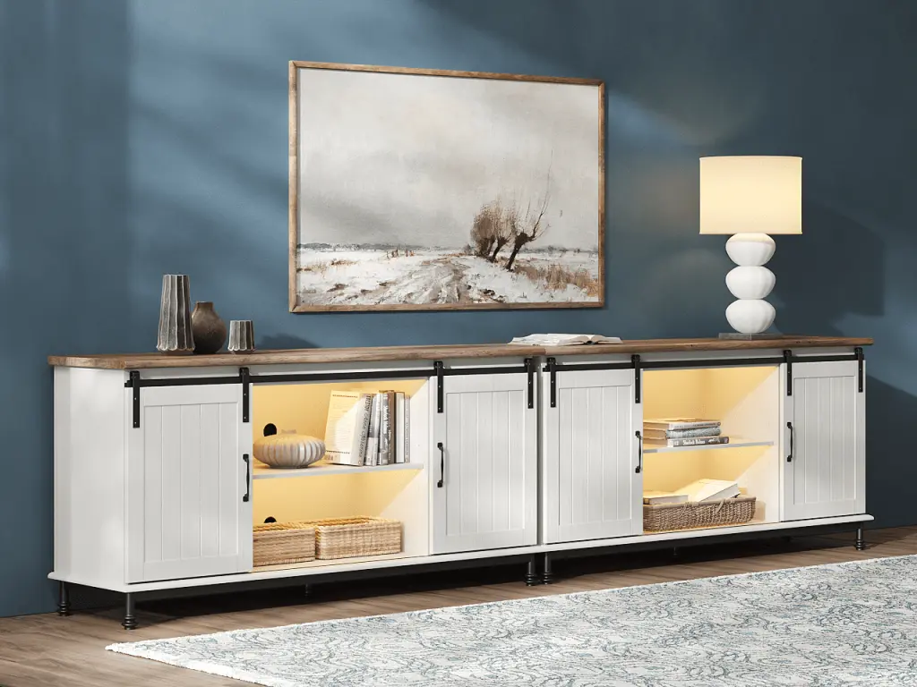 WAMPAT Yellow LED TV Stand 110 Inch TV - White Entertainment Center Farmhouse Storage