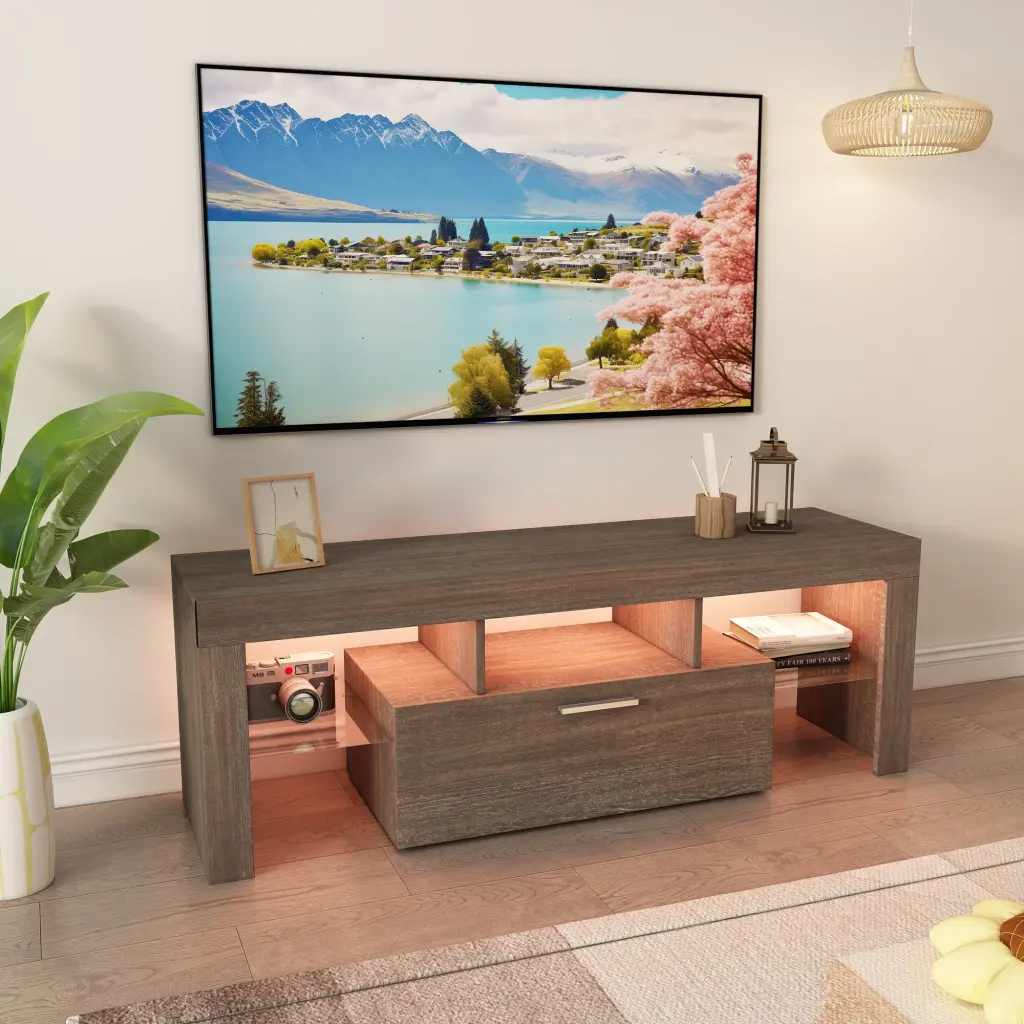 Modern Brown TV Stand 50-55 Inch TV 16 Color LED Lights Waytrim