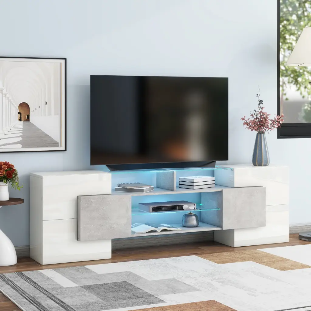 Modern Rectangle TV Stand 65 70 75 80 Inch TV 16 Color LED Lights White Entertainment Center Waytrim