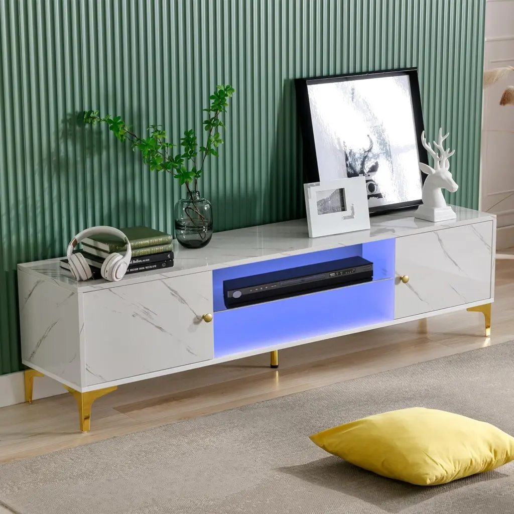 LED TV Stand 60 65 70 Inch TVs Modern Entertainment Center Storage Cabinet Open Shelf Living Room Bedroom Game Room Marble...