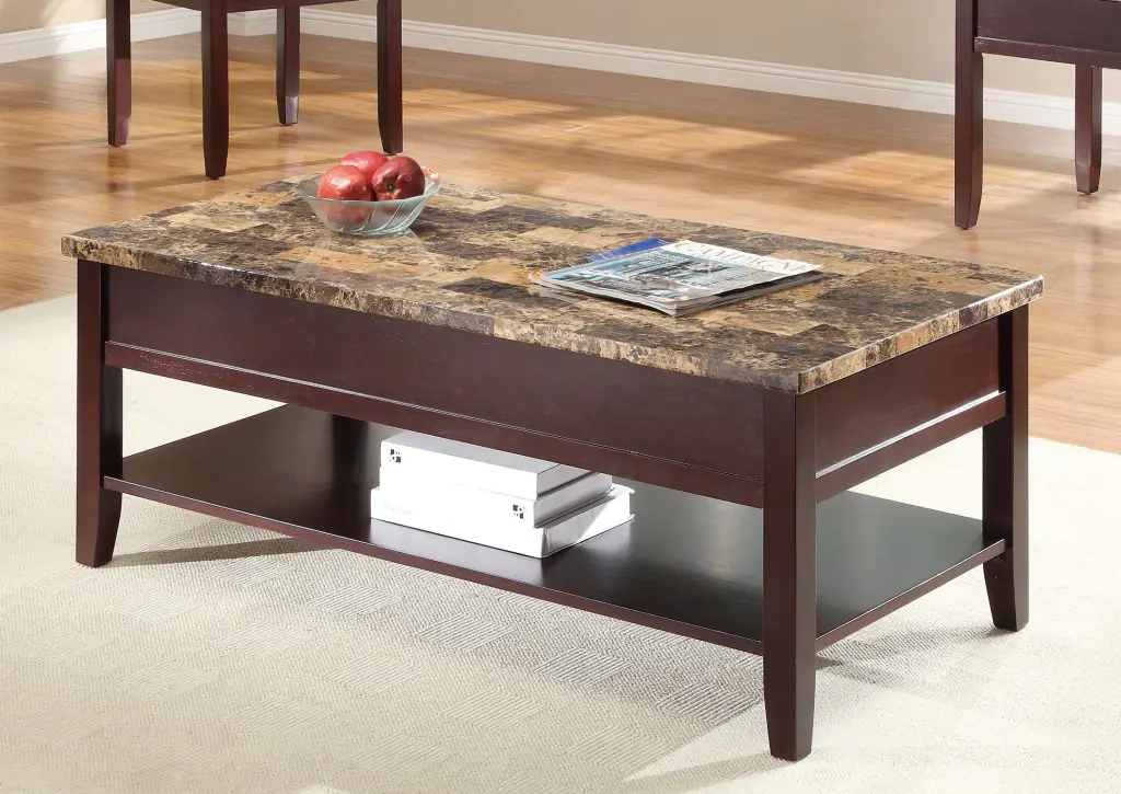 DeeHome Dark Cherry Finish Wooden Lift Top Cocktail Table Storage Shelf and Faux Marble Top