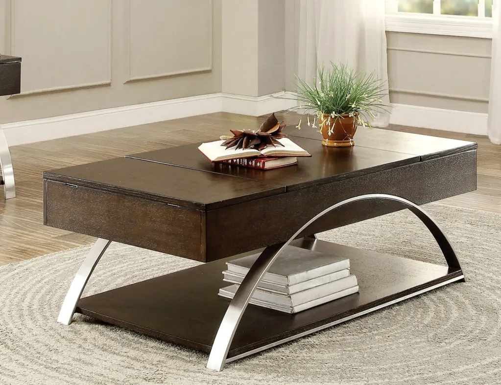 DeeHome Modern Lift Top Coffee Table Display Shelf Espresso Finish Wood and Chrome Metal