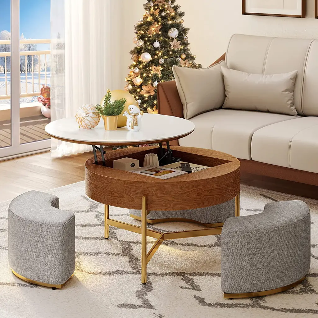 DWVO Lift Top Round Coffee Table Storage Compartment and 3 Stools Modern Set