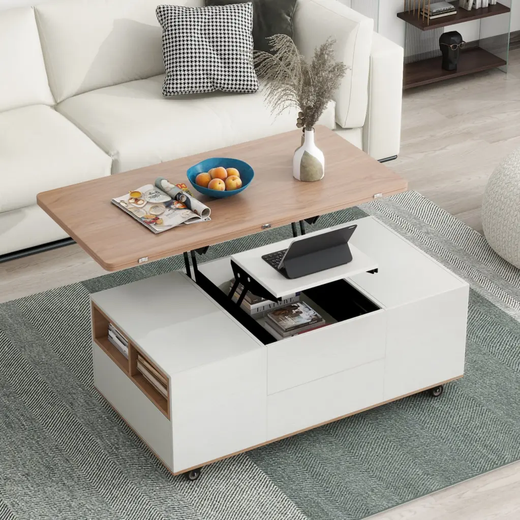 Innovative Modern Lift Top Coffee Table Walnut and White Drawers and Shelves HATNOKIL