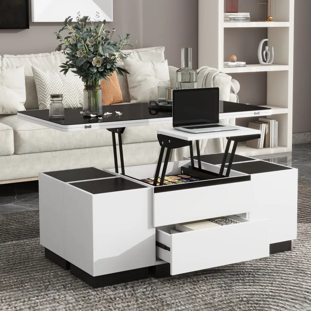 Homiyad Modern White Lift Top Glass Coffee Table Drawers Storage Multifunction Table