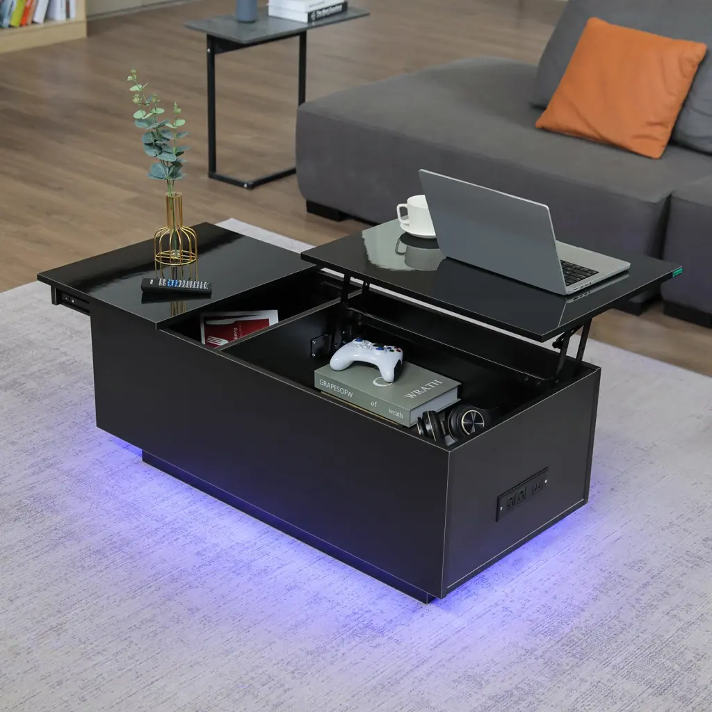Lift Top Coffee Table Charging Station and LED Lights Black Modern Design HOMMPA