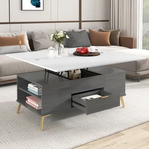 Modern Lift Top Coffee Table Drawers Gray and White Onuobao