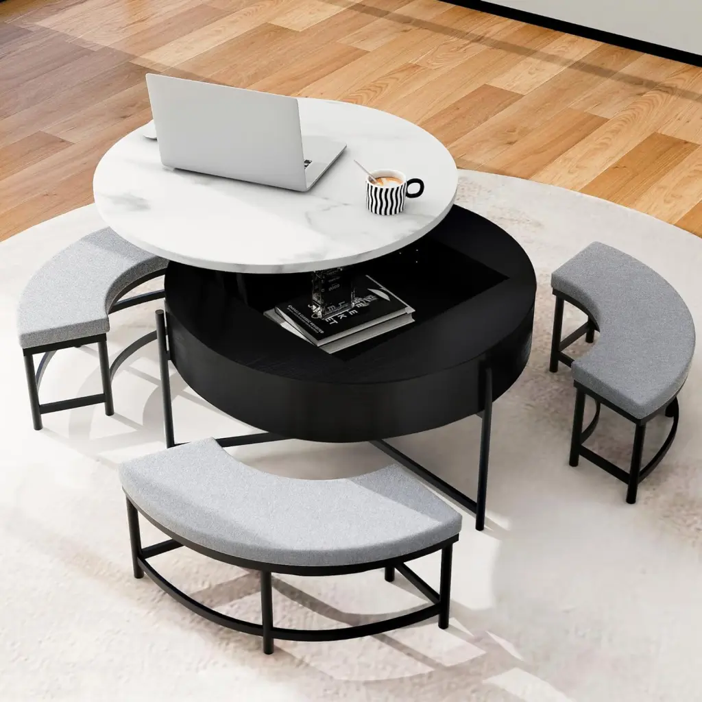 31.5 Inch Lift-Top Coffee Table Storage and 3 Ottomans White and Black TRAHOO