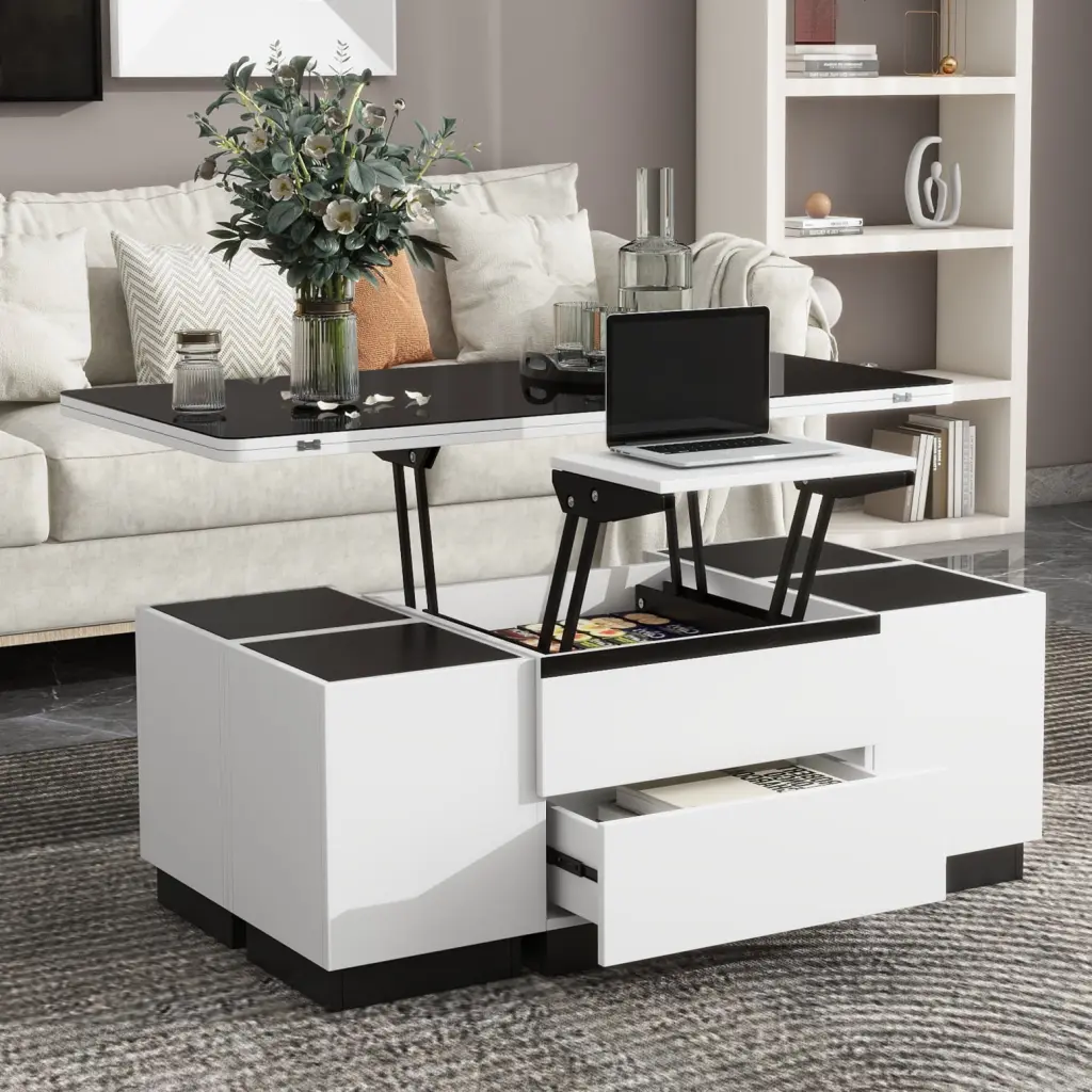 Elegant Modern White Lift Top Coffee Table Tempered Glass Surface and Storage Drawers Wodine
